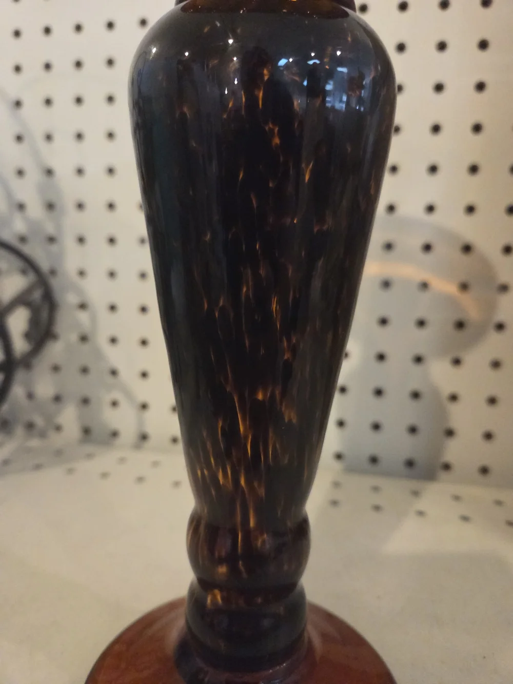 Murano style art glass candle holder in amber with a tortoise shell pattern
